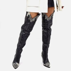 Misguided Black Over The Knee Snakeskin Leather Boots